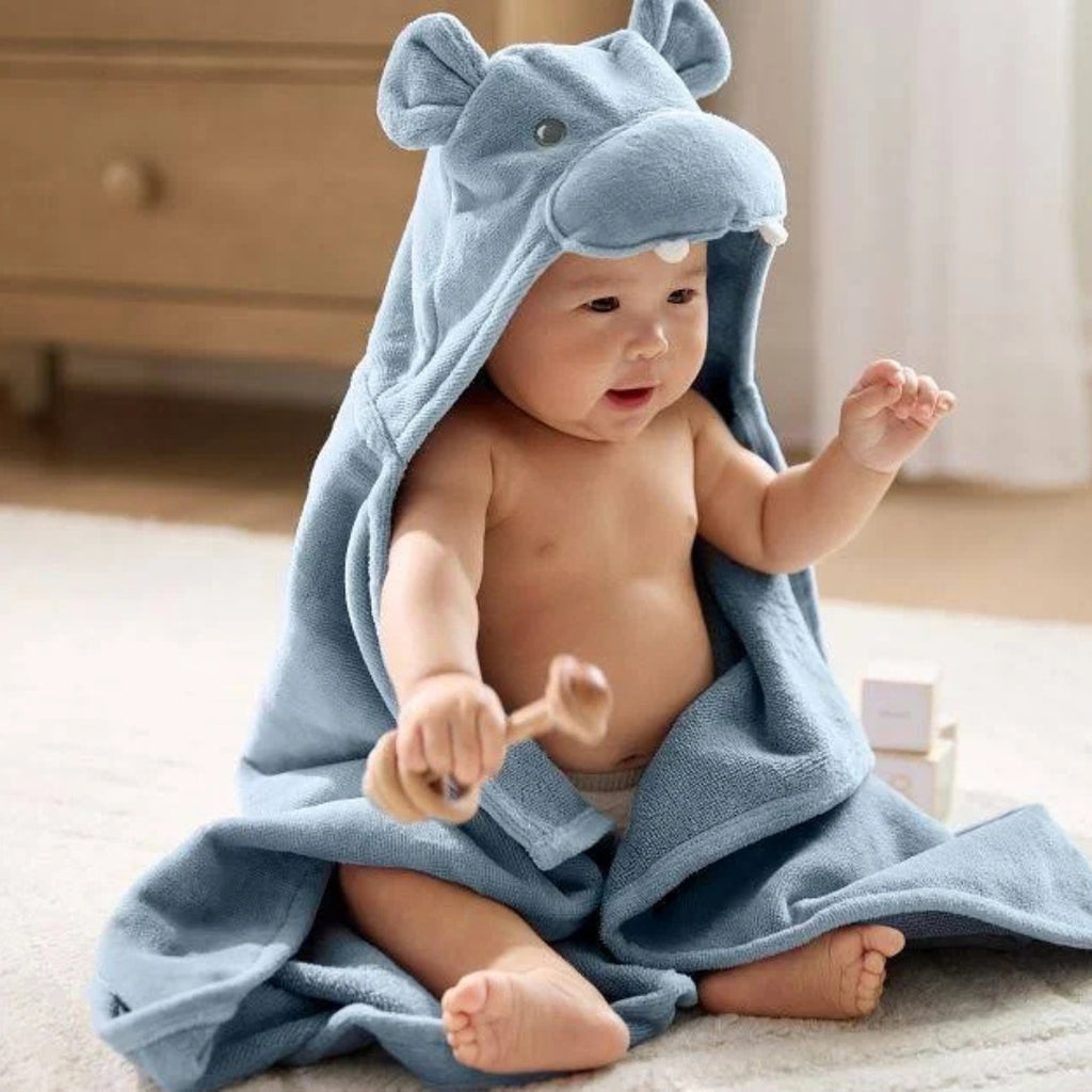 Luxury Blue Hippo Hooded Baby Bath Towel Wrap Blanket