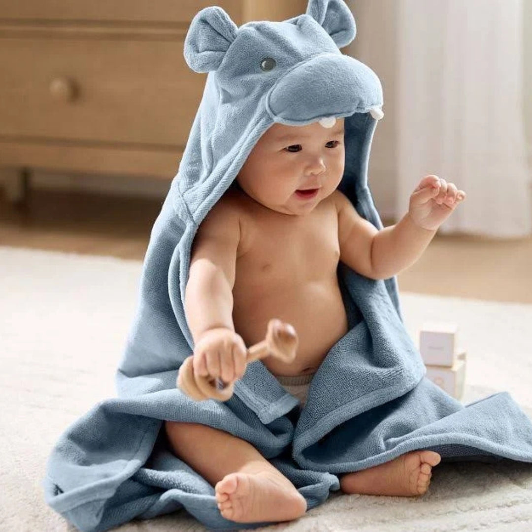 Luxury Blue Hippo Hooded Baby Bath Towel Wrap Blanket