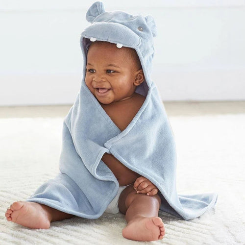 Luxury Blue Hippo Hooded Baby Bath Towel Wrap Blanket